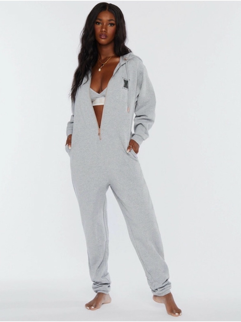 Savage X Fenty Light Heather Gray Zip-Front Hooded Jumpsuit